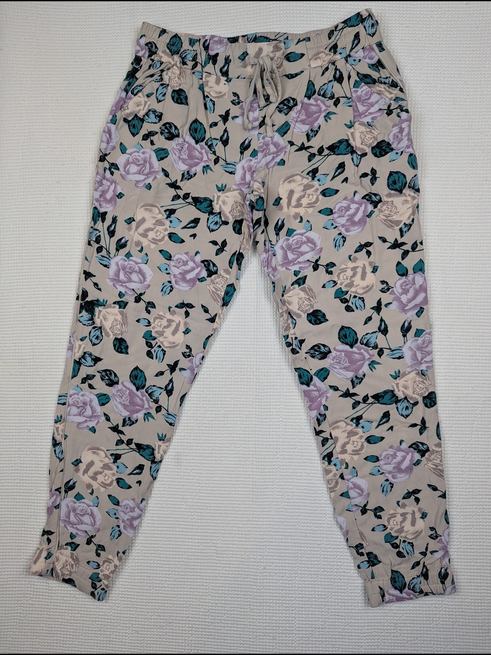 Talula Beige Floral Drawstring Joggers with Lavender & Teal Accents Cuffed Ankle - Picture 1 of 6